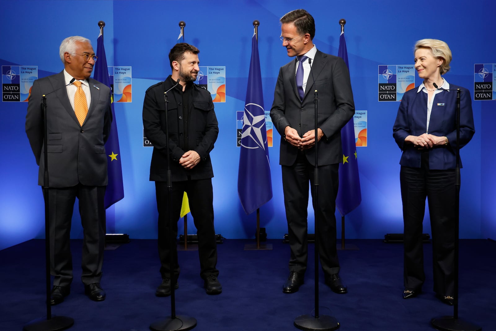 From left, European Council President Antonio Costa, Ukraine's President Volodymyr Zelenskyy, NATO Secretary General Mark Rutte and European Commission President Ursula von der Leyen pose for photographers prior to a meeting on the sidelines of the NATO summit in The Hague, Netherlands, Tuesday, June 24, 2025. (AP Photo/Geert Vanden Wijngaert)