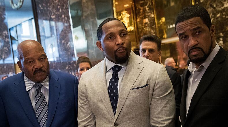 NEW YORK, NY - DECEMBER 13: (L to R) Former professional football player Jim Brown, former professional football player Ray Lewis, and Pastor Darrell Scott speak to reporters at Trump Tower, December 13, 2016 in New York City. President-elect Donald Trump and his transition team are in the process of filling cabinet and other high level positions for the new administration. (Photo by Drew Angerer/Getty Images)