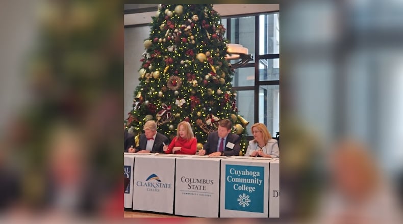 Clark State College president Dr. Jo Alice Blondin participated in a signing ceremony for the Ohio Consortium for Transfer Pathways to the Liberal Arts, held on Dec. 7 in Columbus. Photo provided by Clark State College.