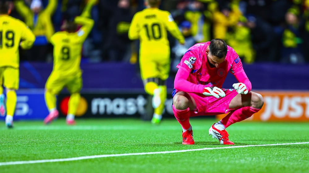 Manchester City goalkeeper Gianluigi Donnarumma after letting in a goal during the Champions League soccer match between Bodo/Glimt and Manchester City in Bodo, Norway, Tuesday, Jan. 20, 2026. (Fredrik Varfjell/NTB via AP)