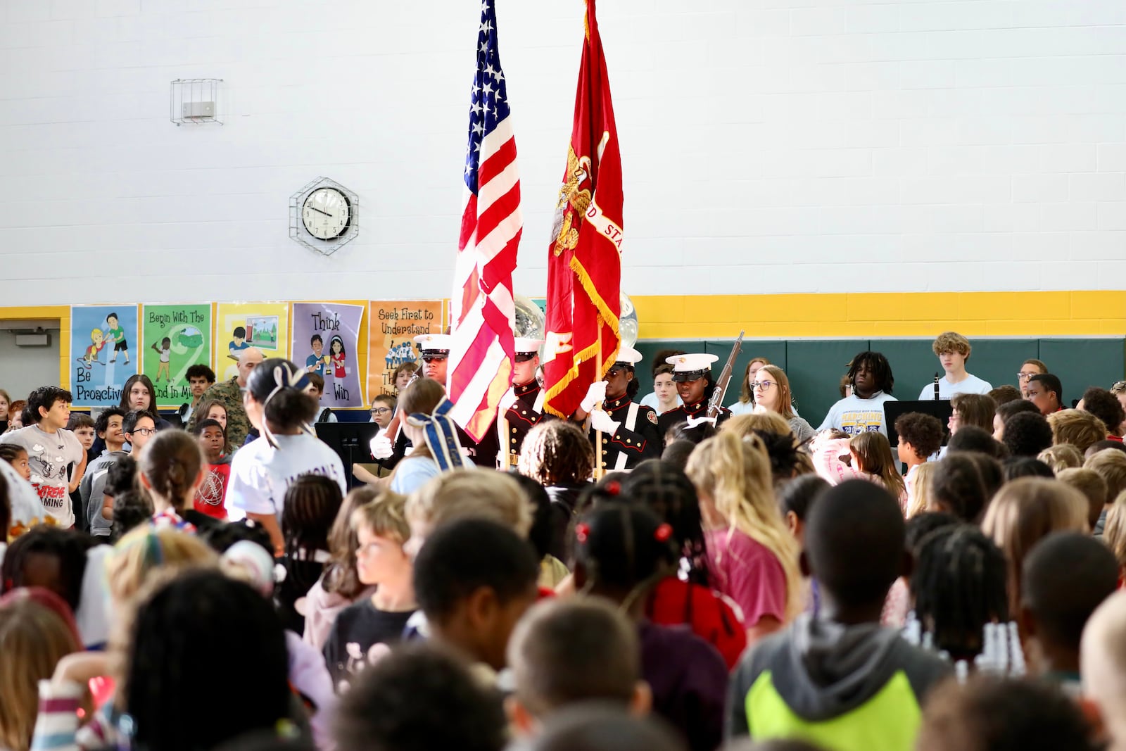 Kenwood Elementary School held a schoolwide Veterans Day ceremony Tuesday that featured performances from Springfield High School Marching Wildcat Band, Drill Team and MJROC Color Guard. Hundreds of students in the Springfield City School District came together to honor veterans either through the Veterans Day ceremony or other acts, such as coloring pictures to be handed out to veterans in the future. CONTRIBUTED