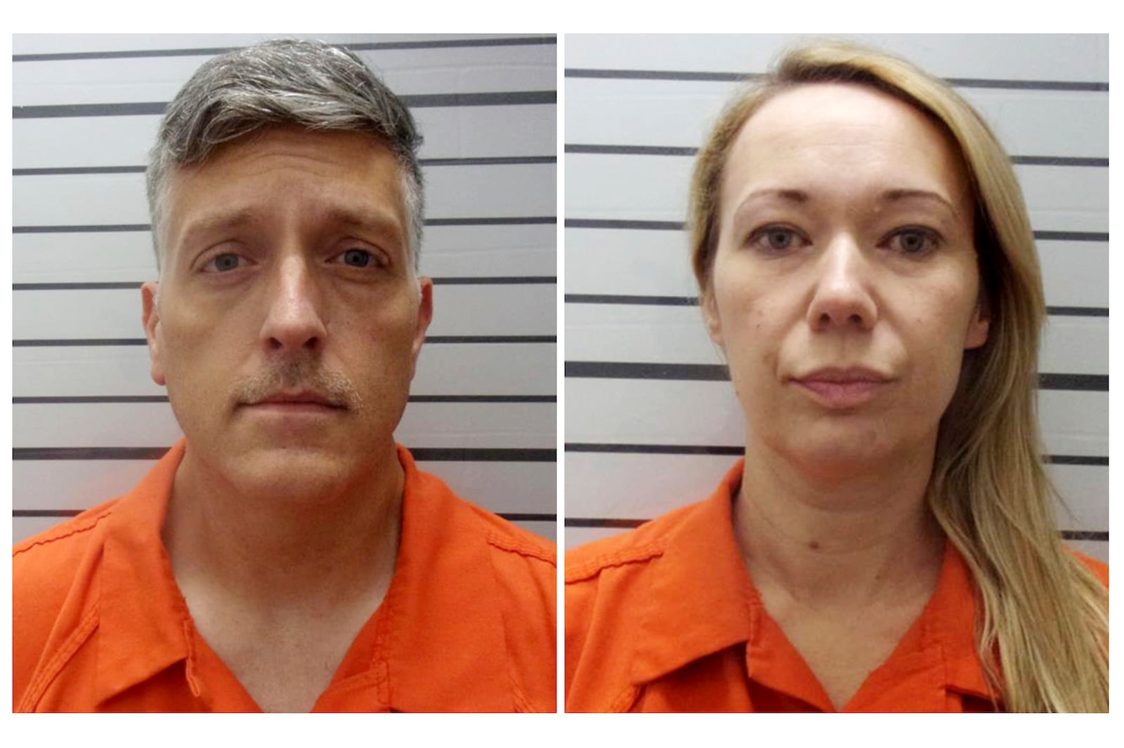 FILE - This combination of booking photos provided by the Muskogee County, Okla., Sheriff's Office shows Jon Hallford, left, and Carie Hallford, the owners of Return to Nature Funeral Home. (Muskogee County Sheriff's Office via AP, File)