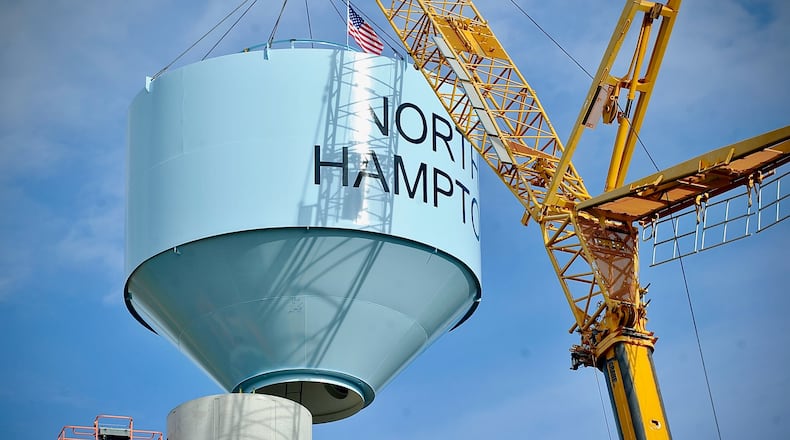 A new water tank seen being installed on the top of a 140 foot cement pillar Tuesday, Nov. 4, 2025 in the village of North Hampton. Contributed Photo\MARSHALL GORBY
