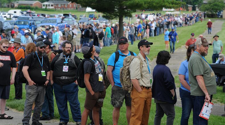 More than a thousand people waited in line at the Greene County Expo Center Friday, May 19, 2023, to enter the 71st annual Hamvention. MARSHALL GORBY\STAFF