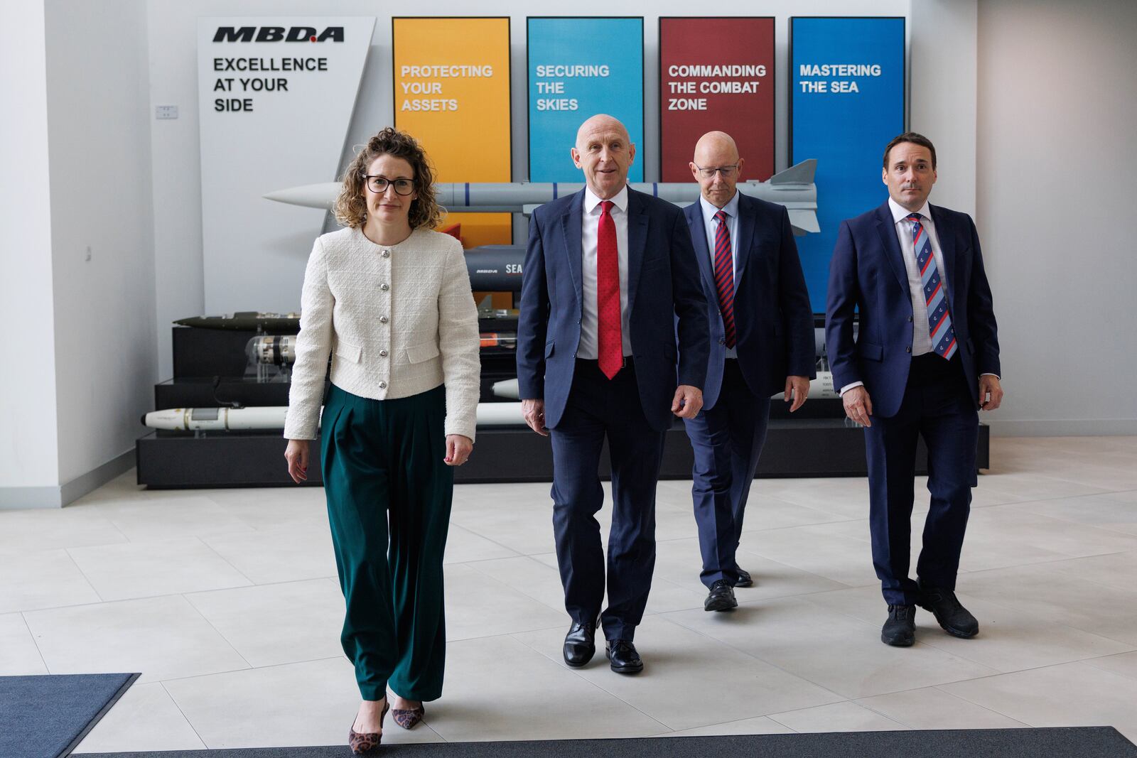 Britain's Defence Secretary John Healey, second left, visits the MDBA Storm Shadow factory in Stevenage, England, Saturday May 31, 2025. (Dan Kitwood/Pool via AP)