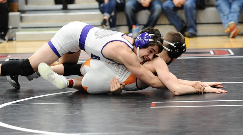 Mechanicsburg sophomore Luke Stroud won the Division III sectional championship at 120 pounds, one of 10 Indians wrestlers to qualify for next week’s district meet. Greg Billing / Contributed