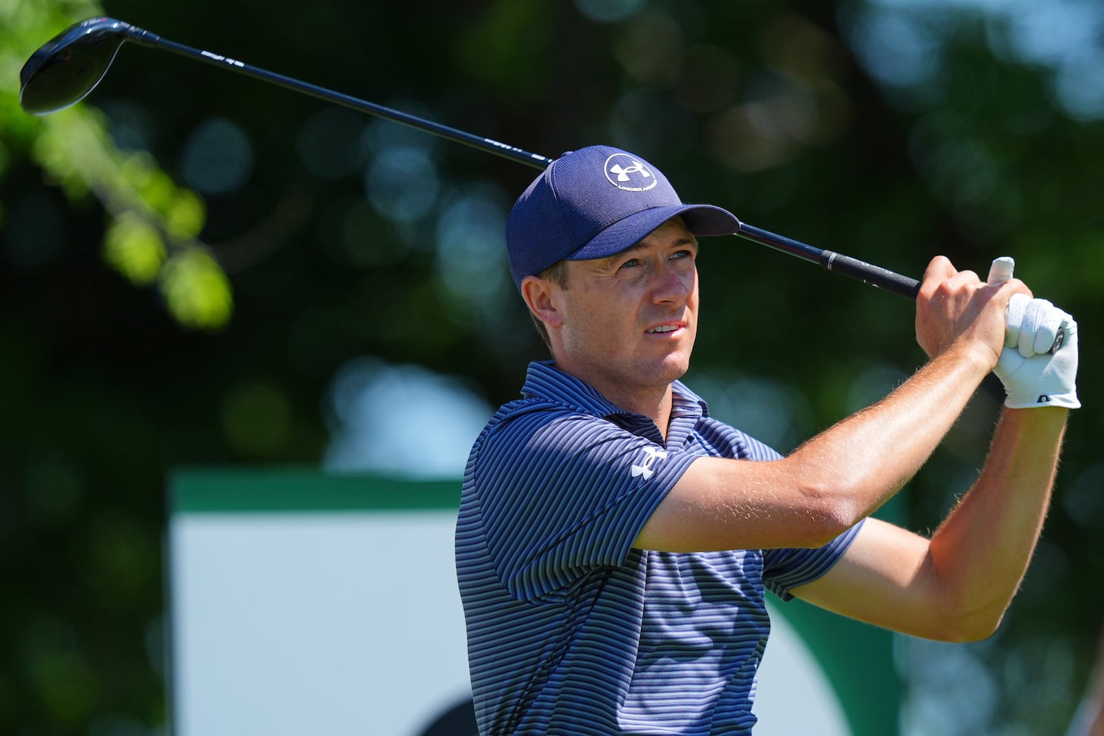 Jordan Spieth watches his tee shot on the second hole during the final round of the CJ Cup Byron Nelson golf tournament in McKinney, Texas, Sunday, May 4, 2025. (AP Photo/LM Otero)