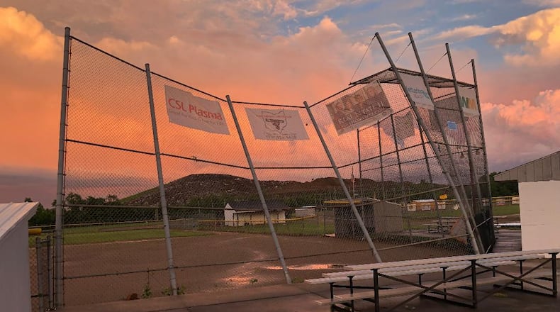 The backstop at Prosser Field on Mechanicsburg Road in Springfield was among the damage during  a storm in Springfield on Wednesday evening. The field's concession stand was completely demolished and a maintenance shed damaged.