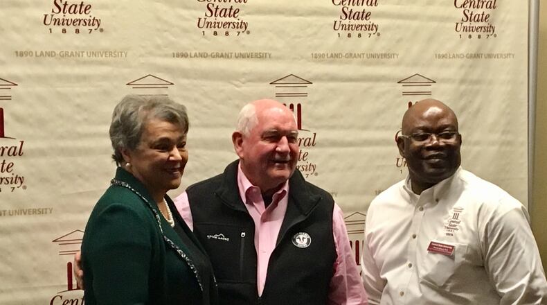 U.S. Secretary of Agriculture Sonny Perdue speaks at Central State University on Thursday. Perdue (center) met with students, President Cynthia Jackson-Hammond (left) and other school leaders.
