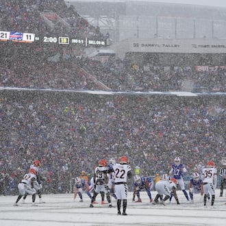 Snow falls as the Buffalo Bills line up for a play against the Cincinnati Bengals during the first half of an NFL football game, Sunday, Dec. 7, 2025, in Orchard Park, N.Y. (AP Photo/Gene J. Puskar)