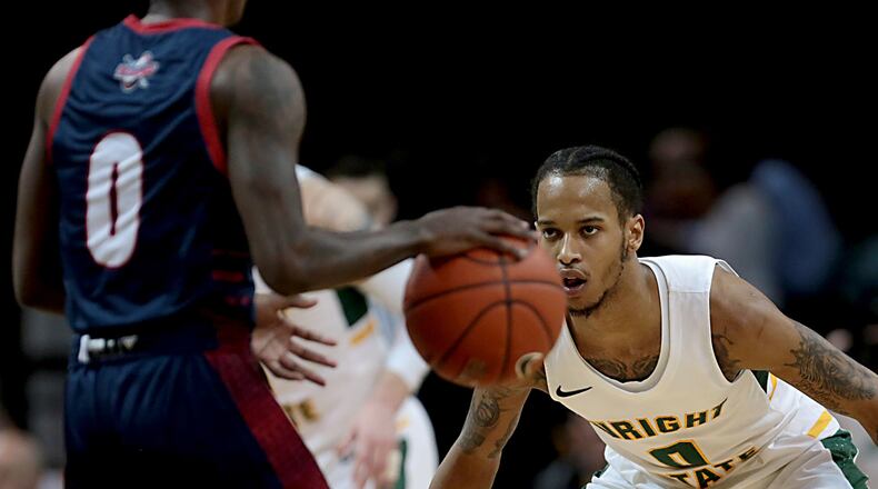 Wright State University guard Jaylon Hall covers Detroit Mercy guard Antoine Davis during their Horizon League game at the Nutter Center in Fairborn Thursday, Feb. 6, 2020. Wright State won 98-86. Contributed photo by E.L. Hubbard