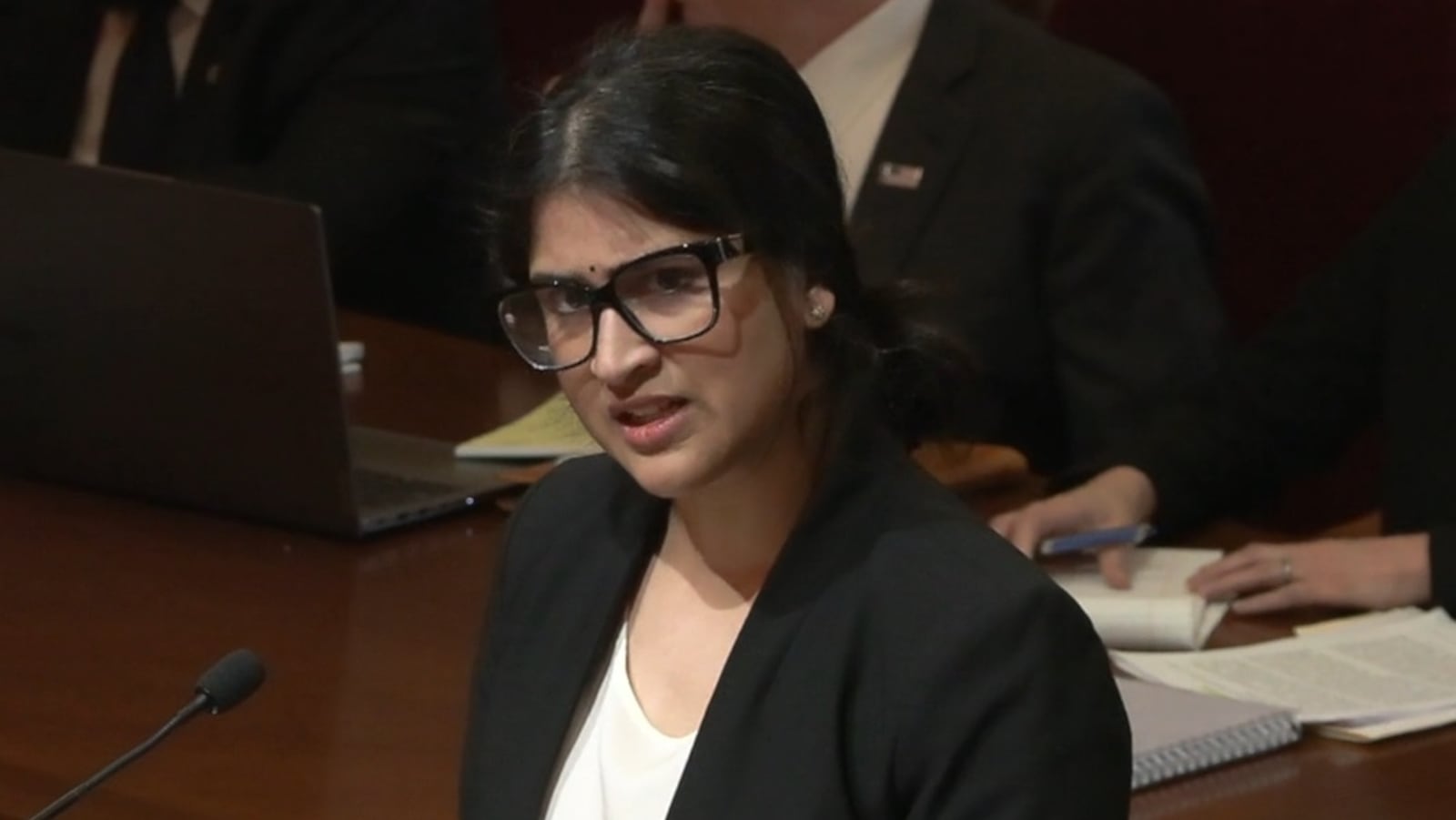 Solicitor General Mathura Sridharan, who represented the state of Ohio and its bid to keep HB 68 on the books and continue a statewide ban on gender-affirming care for minors, giving oral arguments in the case Moe et al. v. Ohio Attorney General Dave Yost et al. before the Ohio Supreme Court on March 24, 2026. CONTRIBUTED