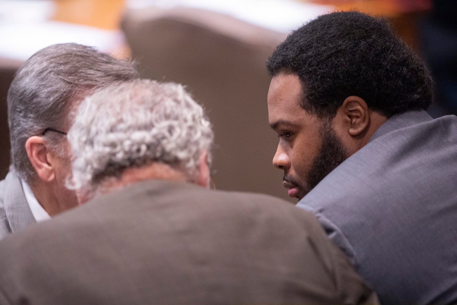 Former Memphis Police Department officer Demetrius Haley, right, speaks with his attorneys, Michael Stengel, left, and Stephen Leffler, center, during the sixth day of the trial for the death of Tyre Nichols in Memphis, Tenn., on Saturday, May 3, 2025. (Chris Day/Commercial Appeal/USA Today Network via AP, Pool)