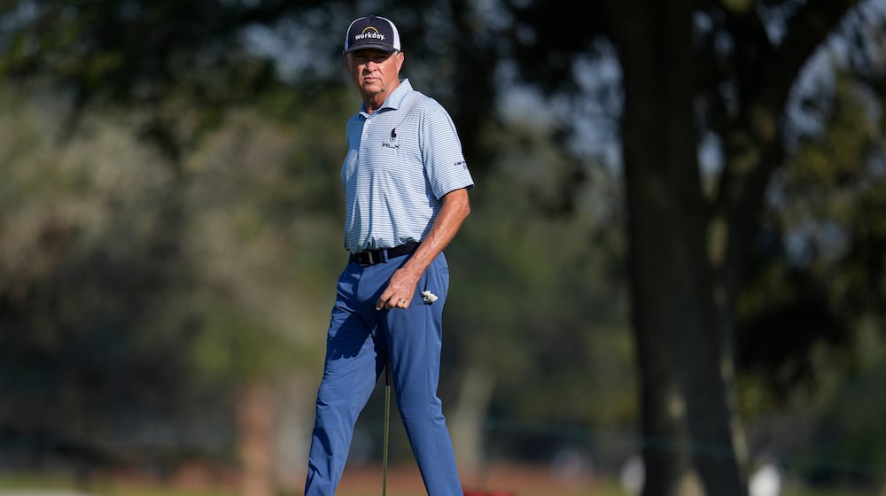 Davis Love III walks on first green during the first round of the RSM Classic golf tournament, Thursday, Nov. 20, 2025, in St. Simons Island, Ga. (AP Photo/Mike Stewart)