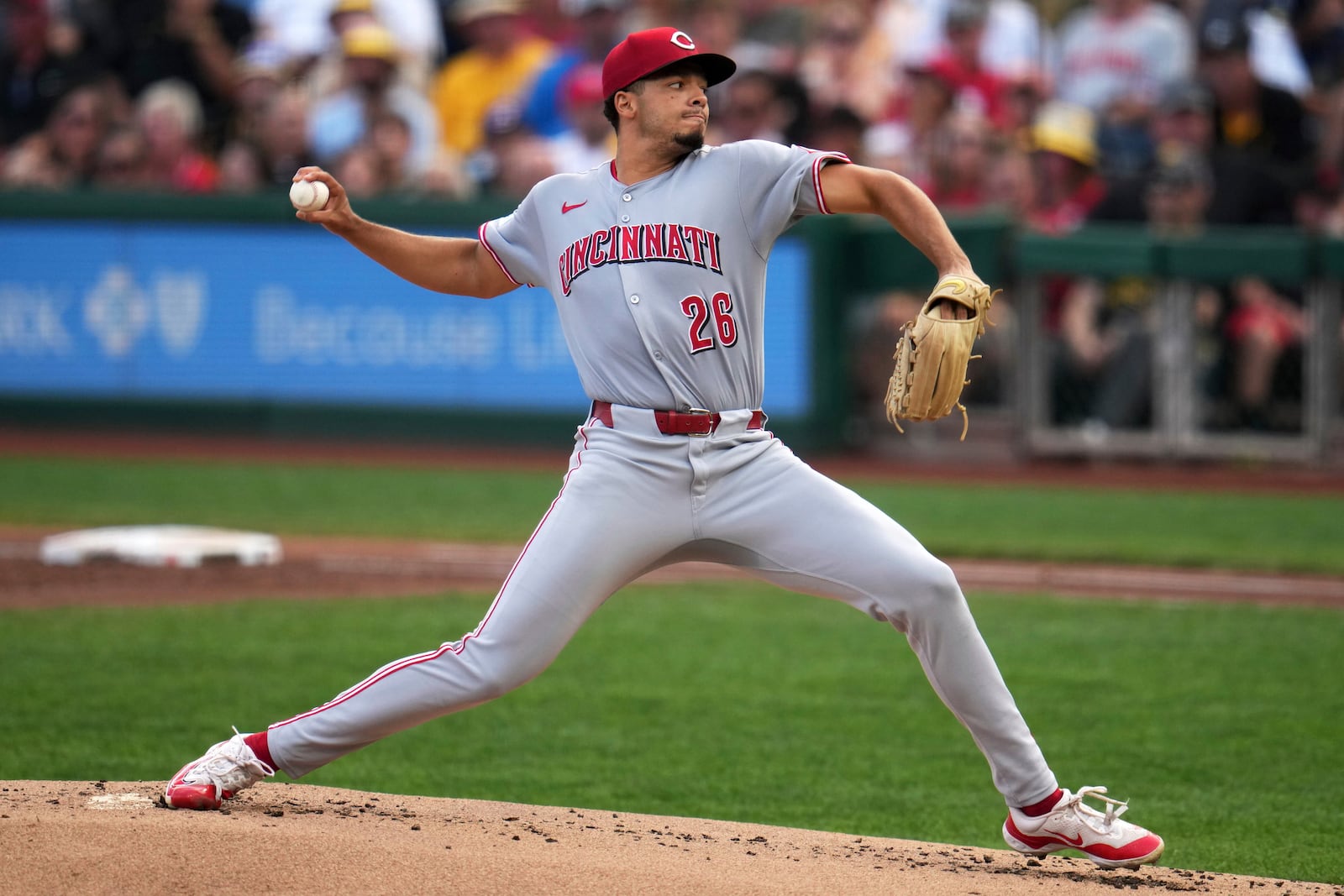 Cincinnati Reds pitcher Chase Burns delivers during the first inning of a baseball game against the Pittsburgh Pirates in Pittsburgh, Friday, Aug. 8, 2025. (AP Photo/Gene J. Puskar)