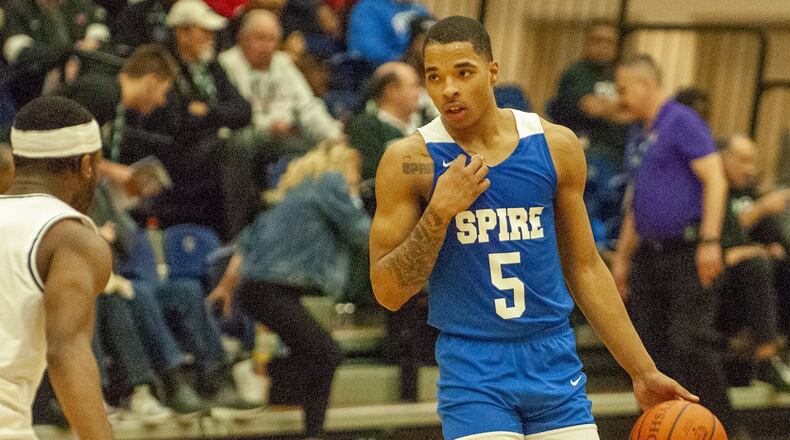 Former Springfield standout Raheim Moss, now at Spire Academy, during a game against his former teammates on Jan. 20, 2019, at Trent Arena. Jeff Gilbert/CONTRIBUTED