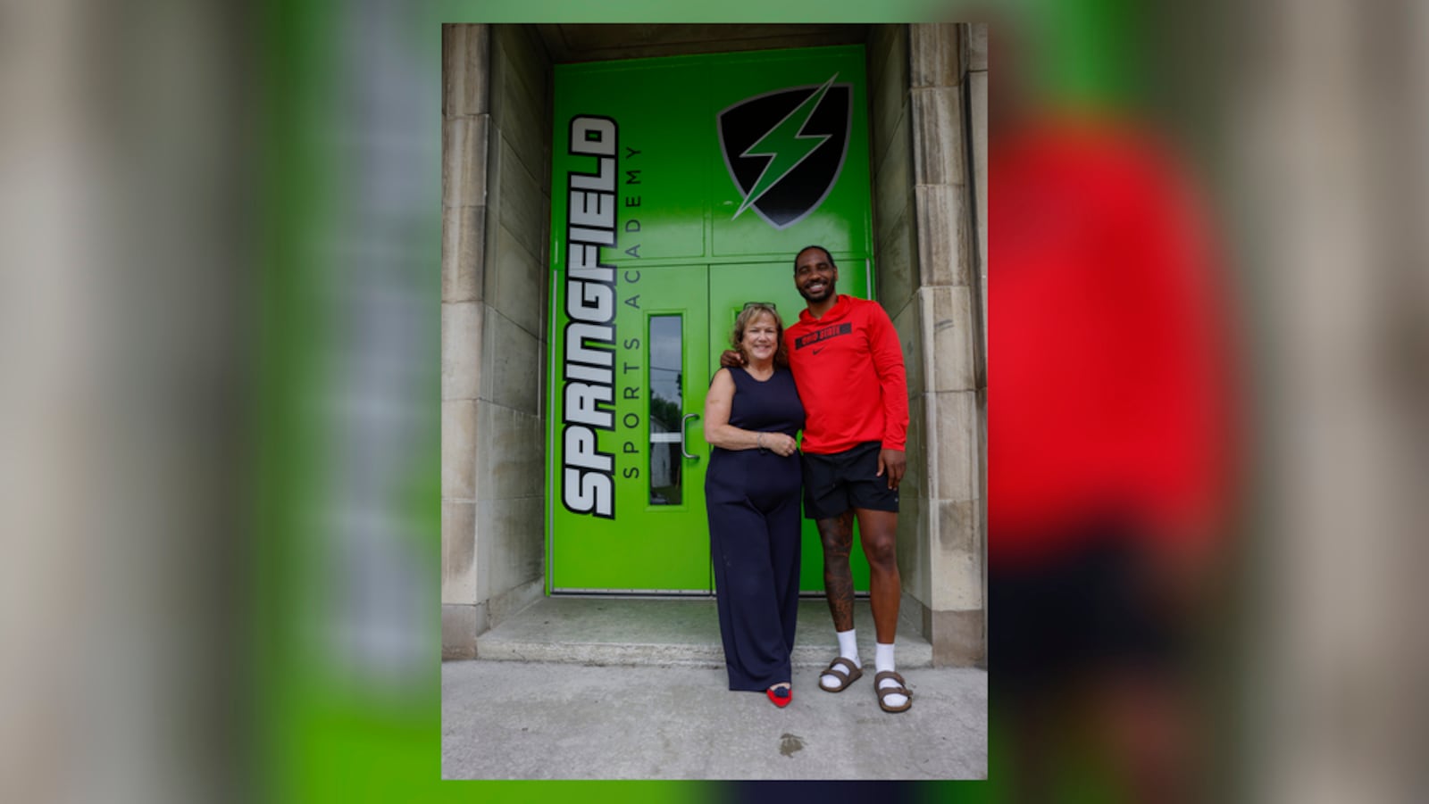 Springfield Sports Academy Principal Amy Fugate, left, and former Ohio State football star Braxton Miller pose for a portrait on Tuesday, July 1, 2025, at the Springfield Sports Academy.