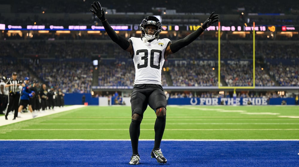 FILE - Jacksonville Jaguars cornerback Montaric Brown celebrates on the field during an NFL football game against the Indianapolis Colts, Dec. 28, 2025, in Indianapolis. (AP Photo/Zach Bolinger, file)