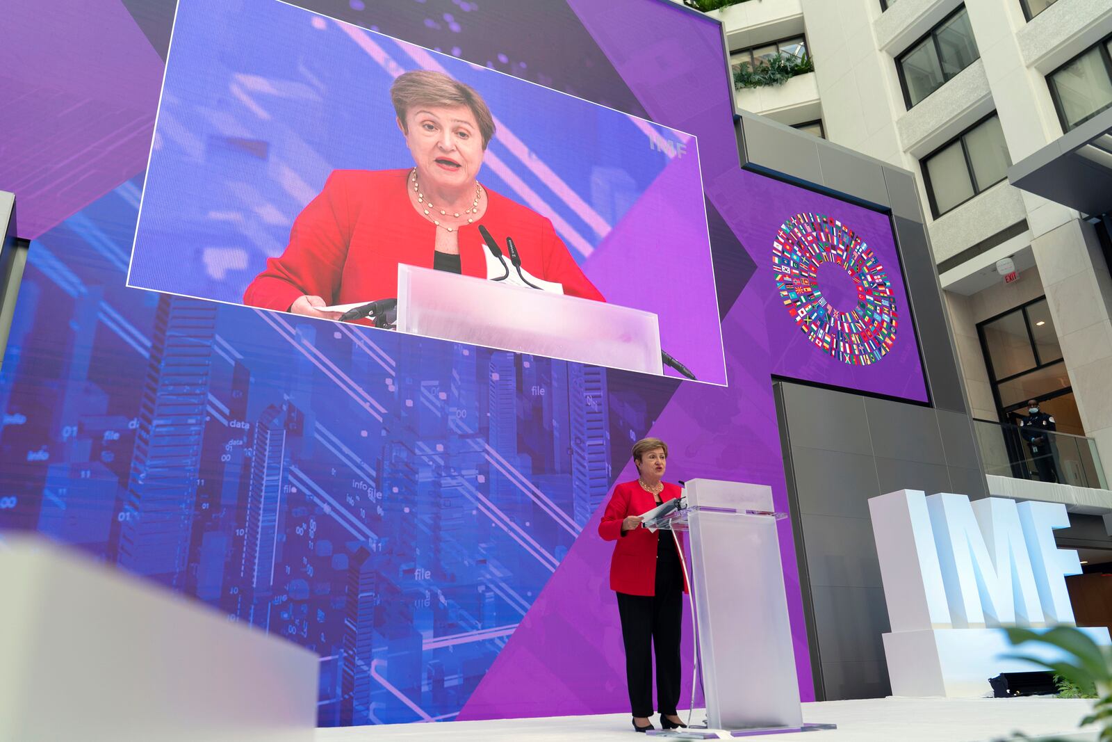 International Monetary Fund (IMF) Managing Director Kristalina Georgieva speaks at the forum Tokenization and the Financial System during the World Bank/IMF Spring Meetings at the International Monetary Fund (IMF) headquarters in Washington, Wednesday, April 23, 2025. (AP Photo/Jose Luis Magana)