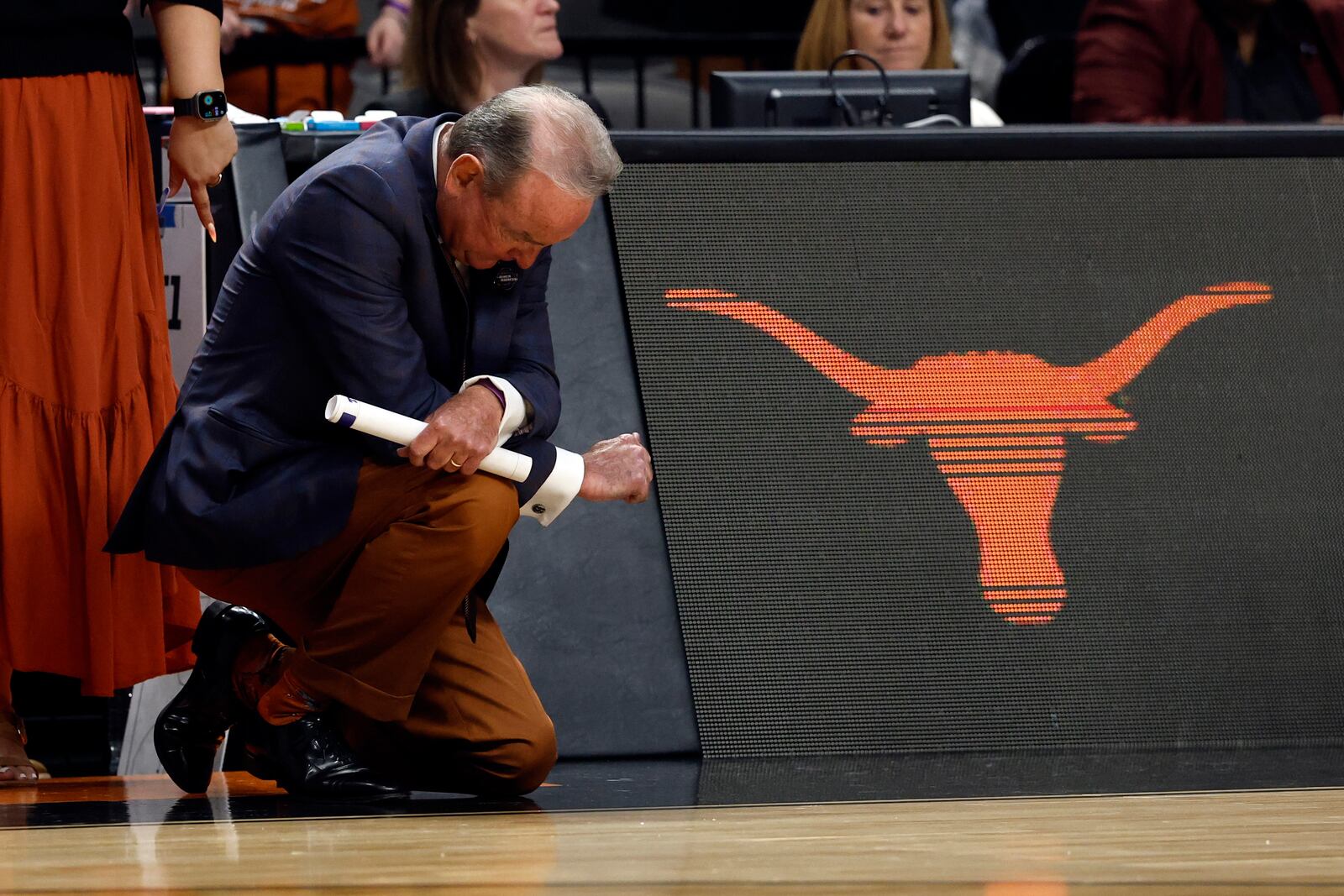 Texas head coach Vic Schaefer reacts as Texas defeats TCU in the Elite Eight of the NCAA college basketball tournament, Monday, March 31, 2025, in Birmingham, Ala. (AP Photo/Butch Dill)
