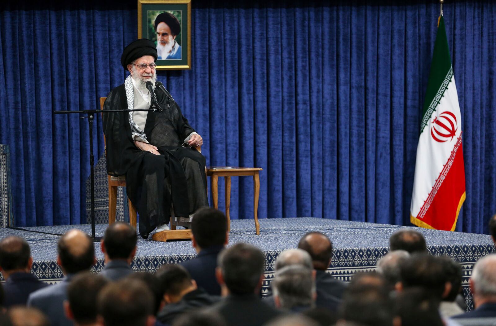 In this photo released by the official website of the office of the Iranian supreme leader, Supreme Leader Ayatollah Ali Khamenei speaks during a memorial in Tehran, Iran, Tuesday, May 20, 2025, for late President Ebrahim Raisi, who died in a helicopter crash last year. (Office of the Iranian Supreme Leader via AP)