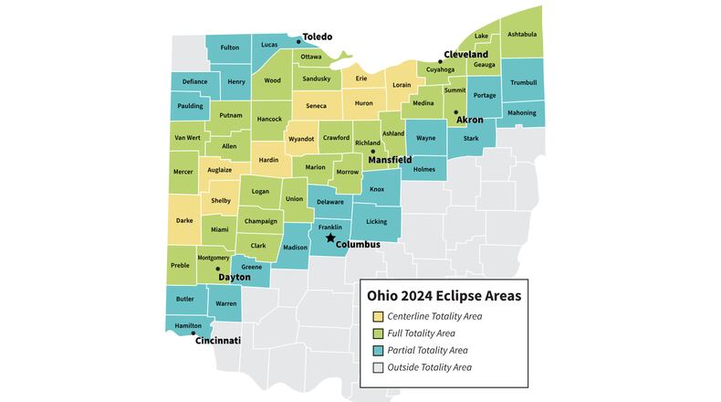 Ohio.org is offering a digital map to show the places where a total solar eclipse on April 8, 2024 will be visible in the state. The yellow portion is the path of totality, where folks will experience complete darkness. CREDIT: https://ohio.org/home/eclipse/eclipse