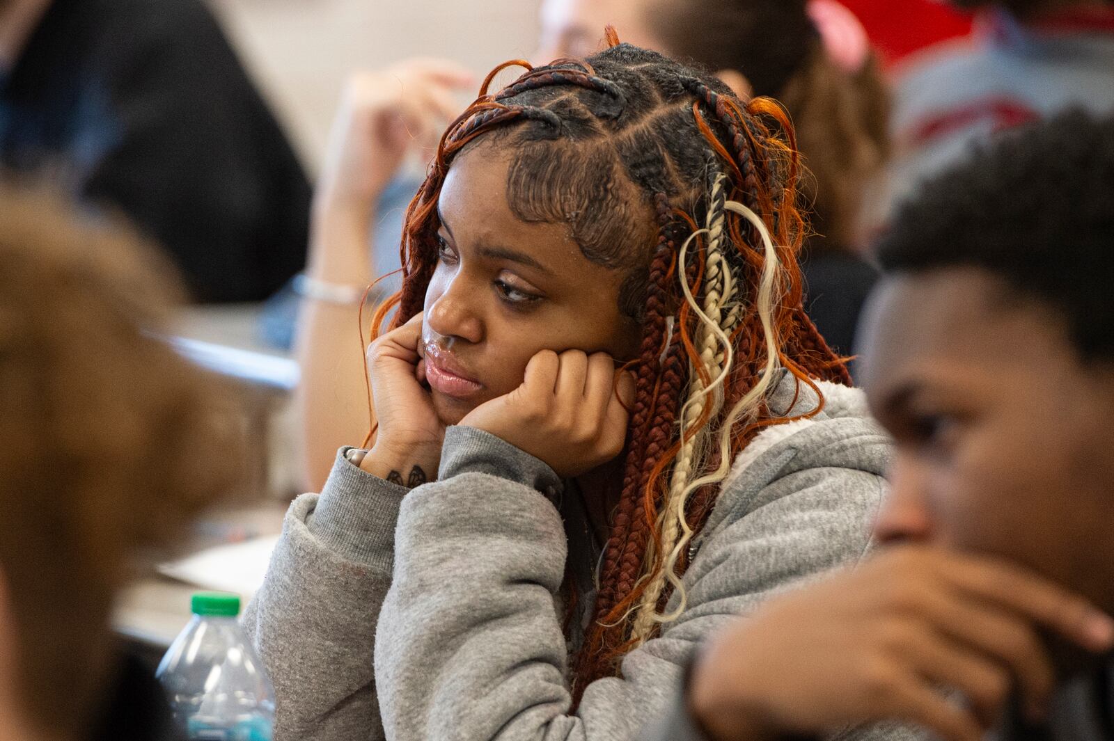 Mansfield Senior High School senior Talitha Cameron, 18, listens during her health class on sleep, in Mansfield, Ohio, Friday, Dec. 6, 2024. (AP Photo/Phil Long)