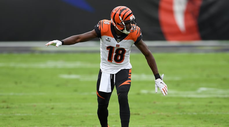 Cincinnati Bengals wide receiver A.J. Green (18) during the first half of an NFL football game against the Baltimore Ravens, Sunday, Oct. 11, 2020, in Baltimore. (AP Photo/Nick Wass)