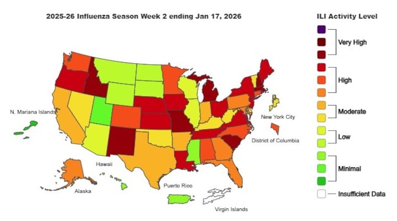 This is the weekly Outpatient Respiratory Illness Activity map from the CDC, for the week ending Jan 17, 2026.