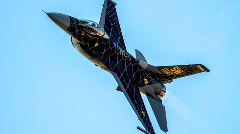 Kroger presents the CenterPoint Energy Dayton Air Show, which features U.S. Air Force F-16 Viper Demo Team (pictured), the U.S. Navy Blue Angels, the U.S. Army Golden Knights and others, at Dayton International Airport in Vandalia on Saturday and Sunday, July 30 and 31.