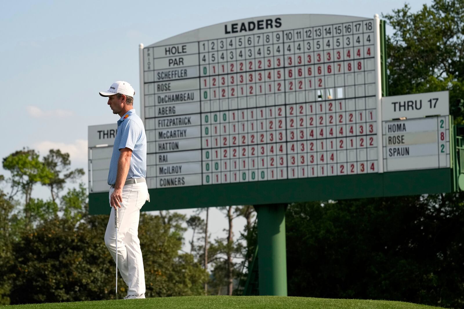 Justin Rose waits to putt on the 18th hole during the first round at the Masters golf tournament, Thursday, April 10, 2025, in Augusta, Ga. (AP Photo/David J. Phillip)