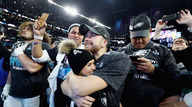 MINNEAPOLIS, MN - FEBRUARY 04: Jake Elliott #4 of the Philadelphia Eagles celebrates after defeating the New England Patriots 41-33 in Super Bowl LII at U.S. Bank Stadium on February 4, 2018 in Minneapolis, Minnesota. (Photo by Elsa/Getty Images)