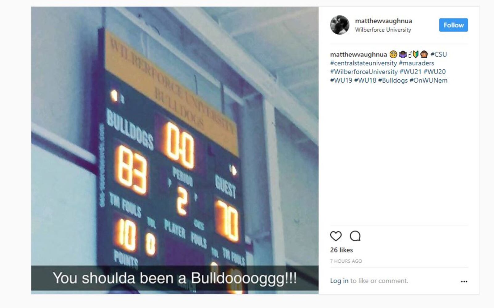 Final score at Wilberforce University Jan. 18, 2018.
