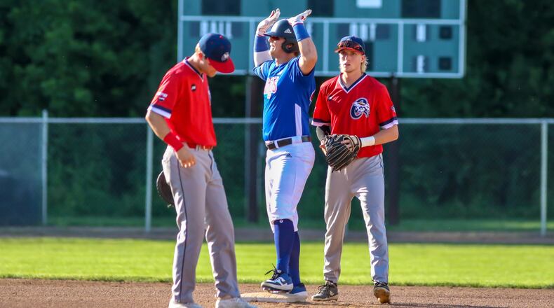 Champion City Kings catcher Jacob Freeland raises the roof in celebration after hitting a double during a recent game against the Chillicothe Paints at Carleton Davidson Stadium. Freeland was recently named a Prospect League All-Star after hitting .333 with four HRs and 15 RBIs since joining the team in mid-June. CONTRIBUTED PHOTO BY MICHAEL COOPER