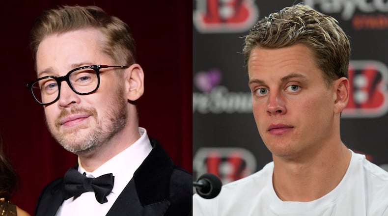 Actor Macaulay Culkin, left, and Cincinnati Bengals Quarterback Joe Burrow, right. ASSOCIATED PRESS PHOTOS