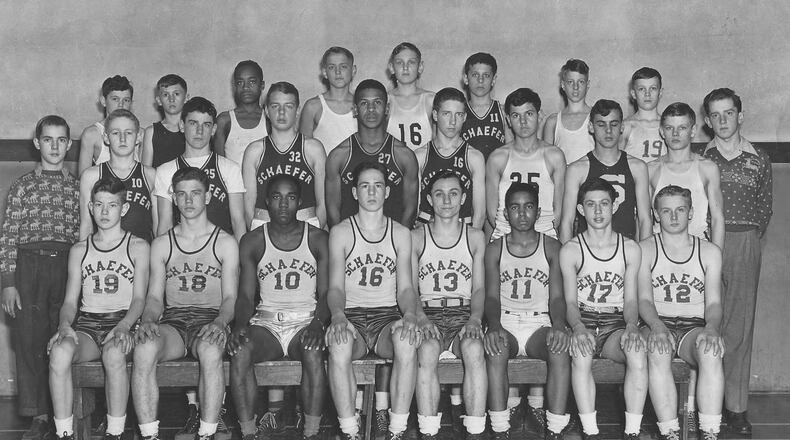 In the 1946-7 school year, the Schaefer Junior High Purple swept the Springfield junior high football, basketball and track championships. Lamar Kilgore who provided these photos, identified eight teammates who went on to play college sports. In the basketball photo are Bob Bronston, 11; and Jack Sallee,19. Some players appear in both. COURTESY PHOTO