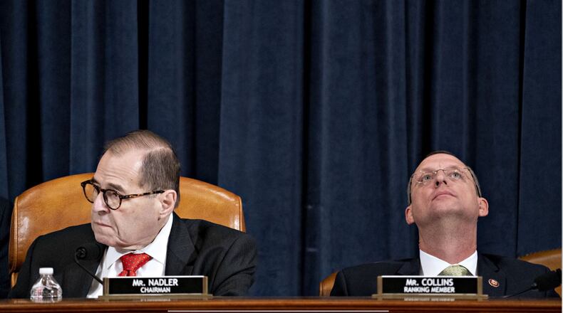 Democratic Chairman Jerry Nadler, left, and Republican Ranking Member Doug Collins attend the House Judiciary Committee’s markup of House Resolution 755, Articles of Impeachment Against President Donald Trump, on Capitol Hill on Dec. 12, 1029 in Washington, D.C. (Andrew Harrer/POOL/AFP/Getty Images/TNS)