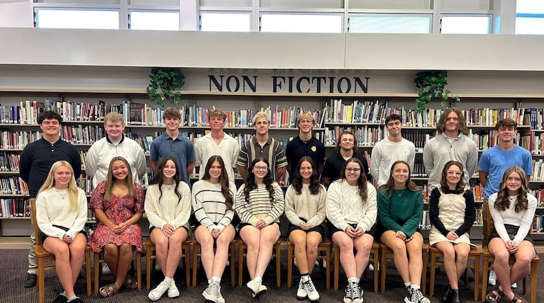 The 2024 Clark-Shawnee Homecoming Court (front row, left to right) Patsy Keeton, Brooklyn Whittaker, Addison Kocher, Lilly Adams, Liza Taylor, Katie Garberich, Maura Simpson, Charli Weller, Kyndall Shope and Emma Holland; and (back row, left to right) Dillon Bowen, Chris Williams, Jake Baggs, Noah Boblitt, Holton Massie, Connar Earles, Nate Woodruff, Ethan Owens, Bryson Fowles and John Forbes. Contributed