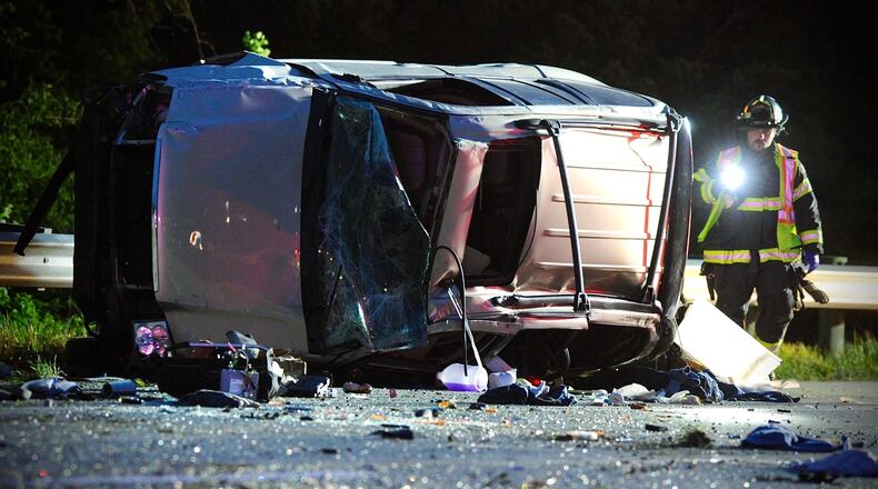A rollover crash on Interstate 70 closed the westbound lanes in Clark County near the Enon exit on Sunday night, May 2. 2021. MARSHALL GORBY/STAFF
