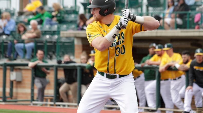 Wright State first baseman Gabe Snyder went 4 for 5 Thursday as the Raiders routed Northern Kentucky in the Horizon League baseball tournament. TIM ZECHAR/CONTRIBUTED PHOTO