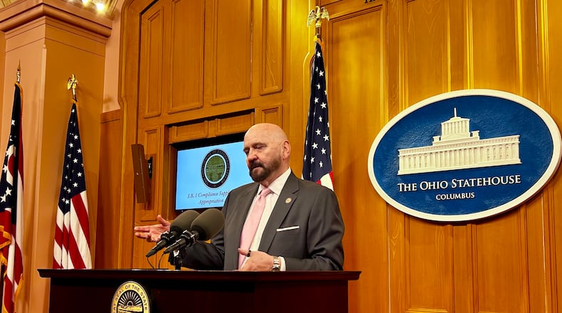 Rep. Tom Young, R-Washington Twp., hosts a press conference on Tuesday, Feb. 24, 2026, to promote a bill meant to strengthen the state's enforcement of Senate Bill 1. AVERY KREEMER / STAFF