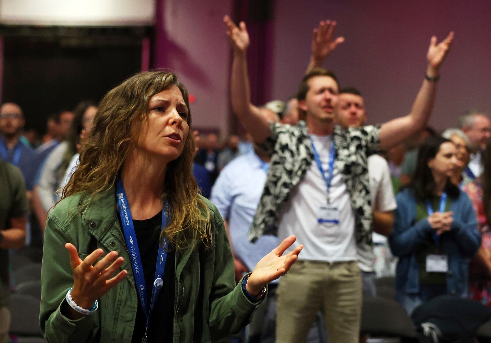 Messengers attending the Southern Baptist Convention participate in worship during the 2025 SBC Annual Meeting, Tuesday, June 10, 2025, in Dallas. (AP Photo/Richard W. Rodriguez)