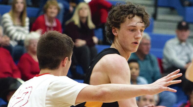 Shawnee senior Aaron Schack scored 36 points Saturday night to lead the Braves to a 49-47 overtime victory over Bellefontaine in the first round of the Division II sectional at Springfield High School. Jeff Gilbert/CONTRIBUTED