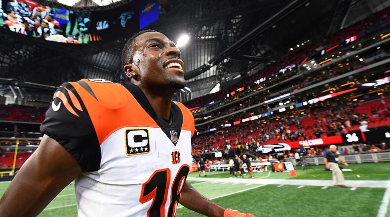 ATLANTA, GA - SEPTEMBER 30: A.J. Green #18 of the Cincinnati Bengals celebrates beating the Atlanta Falcons at Mercedes-Benz Stadium on September 30, 2018 in Atlanta, Georgia. (Photo by Scott Cunningham/Getty Images)