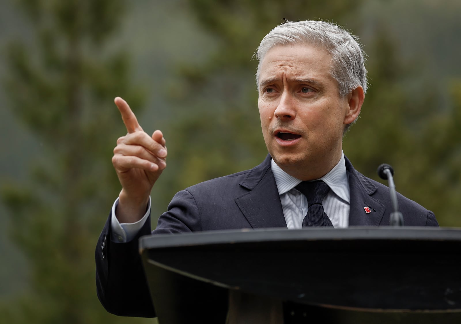 Canada's Finance Minister Francois-Philippe Champagne speaks to the media prior to the G7 Finance Ministers meeting in Banff, Alberta, Tuesday, May 20, 2025. (Jeff McIntosh/The Canadian Press via AP)