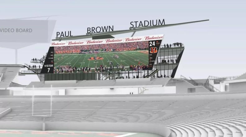 The proposal for Paul Brown Stadium would seek to move the scoreboard and expand it in size from 130 ft. by 36 ft. to 150 ft. by 42 ft. Behind the scoreboard, a new pavilion area is proposed for fans. GENSLER SPORTS/CONTRIBUTED TO WCPO