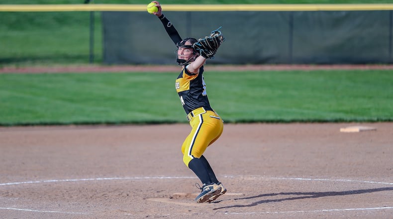 Shawnee High School senior pitcher Aleeseah Trimmer delivers a pitch to the plate during their game against Benjamin Logan earlier this season in Springfield. MICHAEL COOPER / STAFF