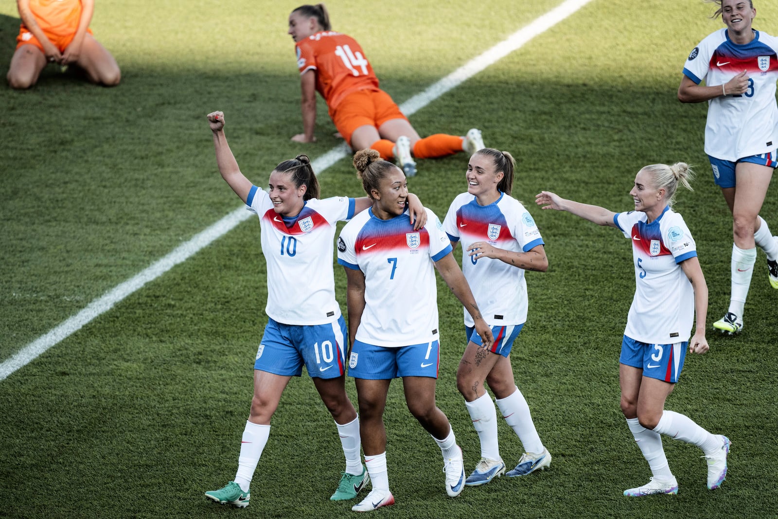From left, England's Ella Toone, England's Lauren James, England's Georgia Stanway, England's Alex Greenwood and England's Alessia Russo celebrate their side's third goal during the Euro 2025, group D, soccer match between England and the Netherlands in Zurich, Switzerland, Wednesday, July 9, 2025. (Gaetan Bally/Keystone via AP)