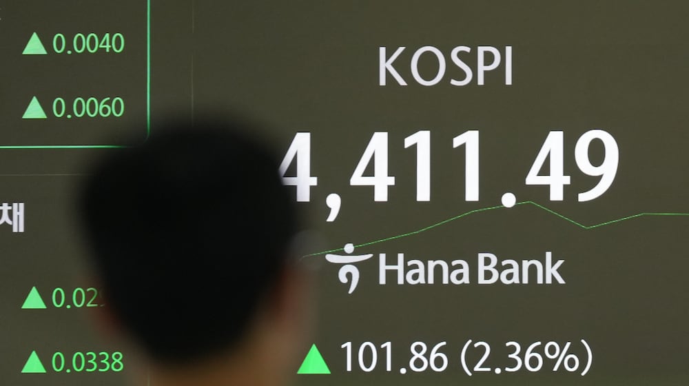 A dealer walks past near the screen showing the Korea Composite Stock Price Index (KOSPI) at a dealing room of Hana Bank in Seoul, South Korea, Monday, Jan. 5, 2026. (AP Photo/Lee Jin-man)