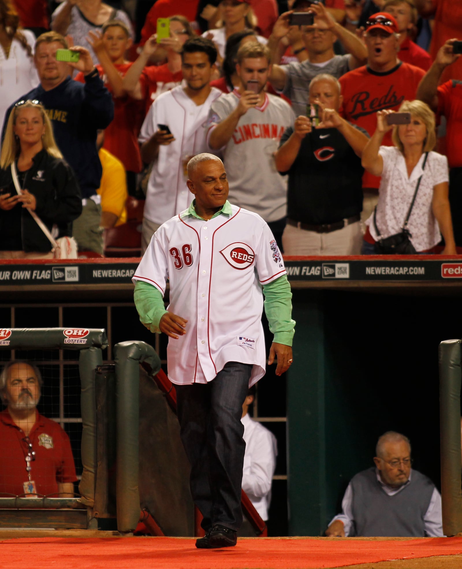 Mario Soto is introduced during a ceremony honoring members of the Reds Hall of Fame after the Reds played the Marlins on Friday, Aug. 8, 2014, at Great American Ball Park.